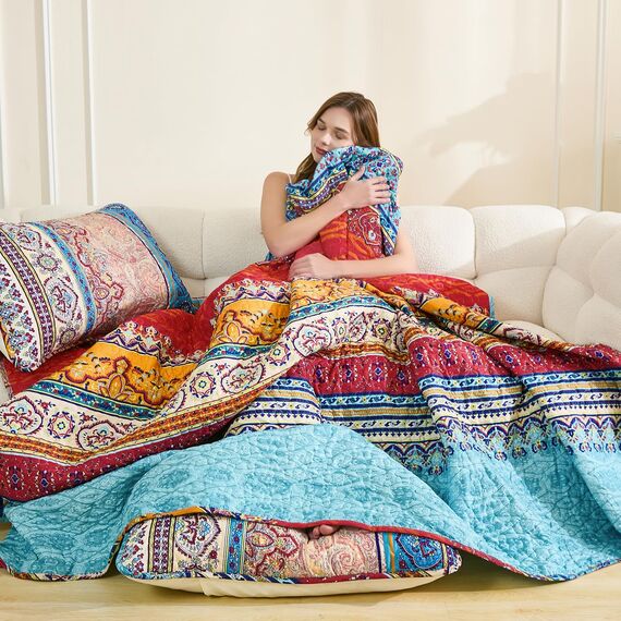 Böhmisches Bettwäsche-Set für Doppelbett, Boho-Streifen, bedrucktes Bettwäsche-Set, Decke mit Kissenbezügen, leichtes Mikrofaser-Tagesdecken-Set für alle Jahreszeiten (2-teilig, Doppelbettgröße)