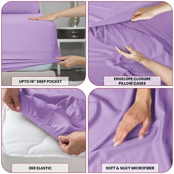 LUX Décor Bettwäsche-Set für Doppelbett, 3-teilig, ultraweiches Mikrofaser-Bettlaken mit Bettlaken, 40,6 cm tiefem Spannbetttuch und Kissenbezug, kühlend und atmungsaktiv, Hotel-Luxus, Oeko-TEX - Lila