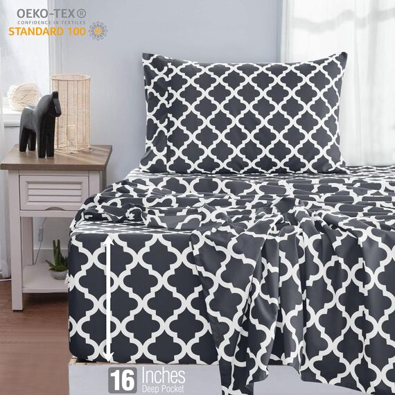 LUX Décor Quatrefoil Bettwäsche-Set für Doppelbett, 3-teiliges ultraweiches Mikrofaser-Bettlaken mit Bettlaken, 40,6 cm tiefem Spannbetttuch und Kissenbezügen, atmungsaktiv, Schlafzimmer-Dekor