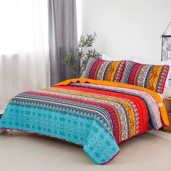 WONGS BEDDING Boho Queen-Bettwäsche-Set, Orange und Blau, Boho-Queen-Bettwäsche-Set, leichte Bettdekoration, Tagesdecke für alle Jahreszeiten, 243,8 x 228,6 cm, 3-teilig
