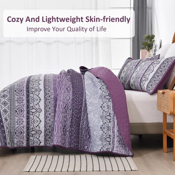 WONGS BEDDING Boho-Steppdecken-Set Queen-Size – Boho-Lila 3-teiliges Steppdecken-Set mit Streifen, leichte Mikrofaser, für alle Jahreszeiten, Bettdecken-Set für Queen-Bett (Queen, 244 x 229 cm)