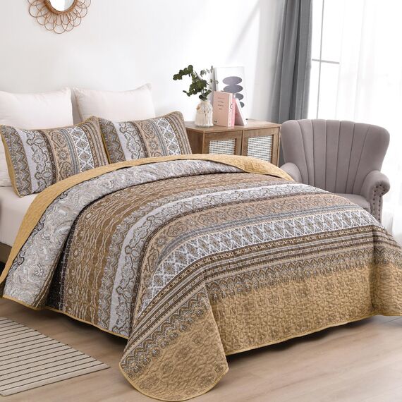 WONGS BEDDING Steppdecken-Set für Kingsize-Bett, Boho-Streifen, 3-teilig, Boho-Stil, leichte Mikrofaser, Ganzjahres-Bettwäsche-Set für Queensize-Bett (264,2 x 228,6 cm), Braun