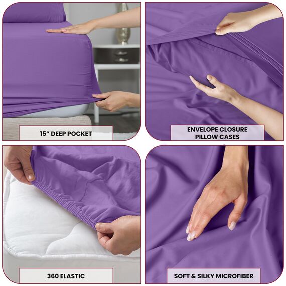 LUX Décor Bettwäsche-Set für Doppelbett, 3-teilig, ultraweiches Mikrofaser-Bettlaken mit Bettlaken, 40,6 cm tiefem Spannbetttuch und Kissenbezug, kühlend und atmungsaktiv, Hotel-Luxus, Oeko-TEX - Lila