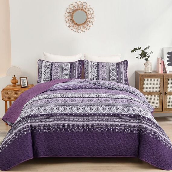 WONGS BEDDING Boho-Steppdecken-Set Queen-Size – Boho-Lila 3-teiliges Steppdecken-Set mit Streifen, leichte Mikrofaser, für alle Jahreszeiten, Bettdecken-Set für Queen-Bett (Queen, 244 x 229 cm)