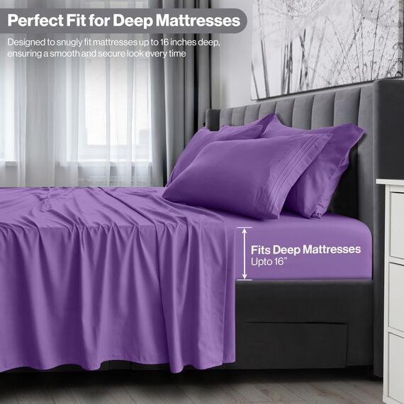 LUX Décor Cal King-Bettwäsche-Set – 4-teiliges ultraweiches Mikrofaser-Bettlaken mit Bettlaken, 40,6 cm tiefem Spannbetttuch und Kissenbezügen, kühlend und atmungsaktiv, Hotel-Luxus, Oeko-TEX - Lila