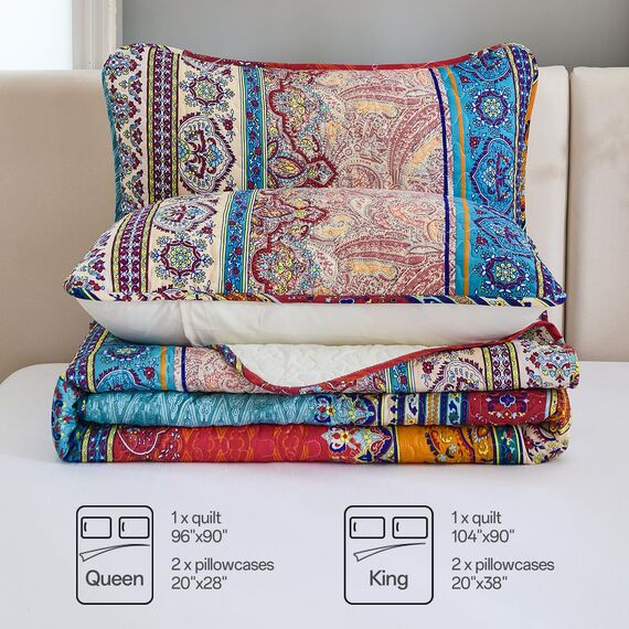 WONGS Bedding Boho-Bettwäsche-Set, Queensize-Größe, Boho-Streifenmuster, Tagesdecken-Set für alle Jahreszeiten, Mikrofaser, leicht, 243,8 x 228,6 cm, 3-teilig, bunt