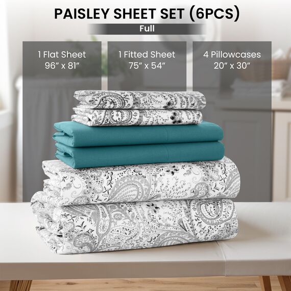 LUX Décor Paisleymuster Bettwäsche-Set – 6-teiliges ultraweiches Mikrofaser-Bettlaken mit Bettlaken, 40,6 cm tiefem Spannbetttuch und 4 Kissenbezügen, atmungsaktiv, Schlafzimmer-Dekor, Oeko-TEX