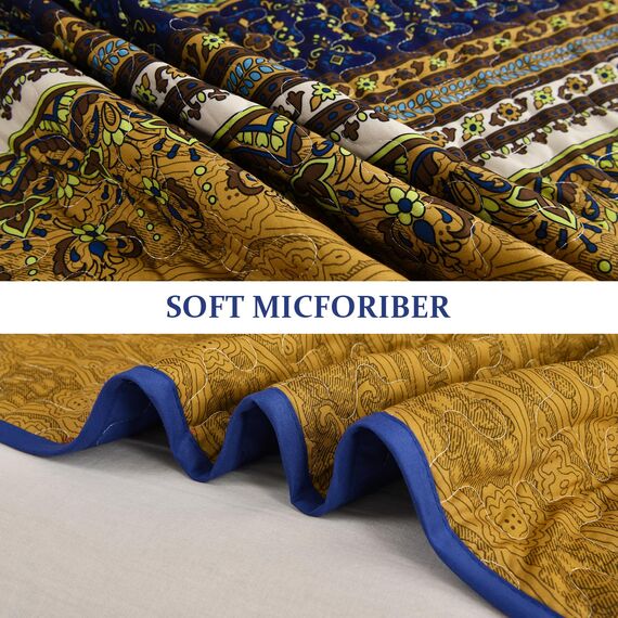 WONGS BEDDING Boho-King-Size-Steppdecken 3-teilig – Blau-Braunes Bettdecken-Set mit Blumenmuster, weiche, leichte Boho-Tagesdecke mit gestreiftem Quilt für alle Jahreszeiten (King, 264 x 229 cm)