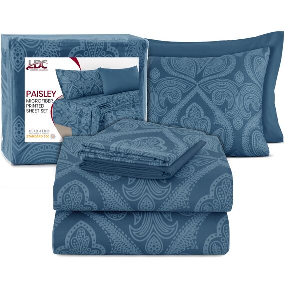 LUX Décor Paisleymuster Bettwäsche-Set – 6-teiliges ultraweiches Mikrofaser-Bettlaken mit Bettlaken, 40,6 cm tiefem Spannbetttuch und 4 Kissenbezügen, atmungsaktiv, Schlafzimmer-Dekor, Oeko-TEX