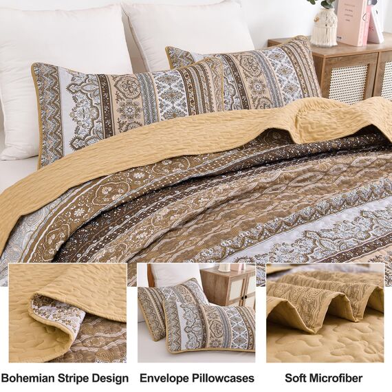 WONGS BEDDING Steppdecken-Set für Kingsize-Bett, Boho-Streifen, 3-teilig, Boho-Stil, leichte Mikrofaser, Ganzjahres-Bettwäsche-Set für Queensize-Bett (264,2 x 228,6 cm), Braun