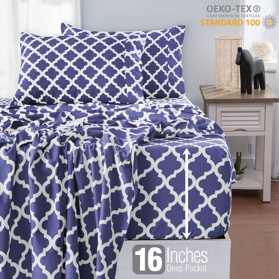 LUX Décor Quatrefoil Bettwäsche-Set – 4-teiliges ultraweiches Mikrofaser-Bettlaken mit Bettlaken, 40,6 cm tiefem Spannbetttuch und Kissenbezügen, atmungsaktiv, Schlafzimmer-Dekor, ÖKO, Marineblau
