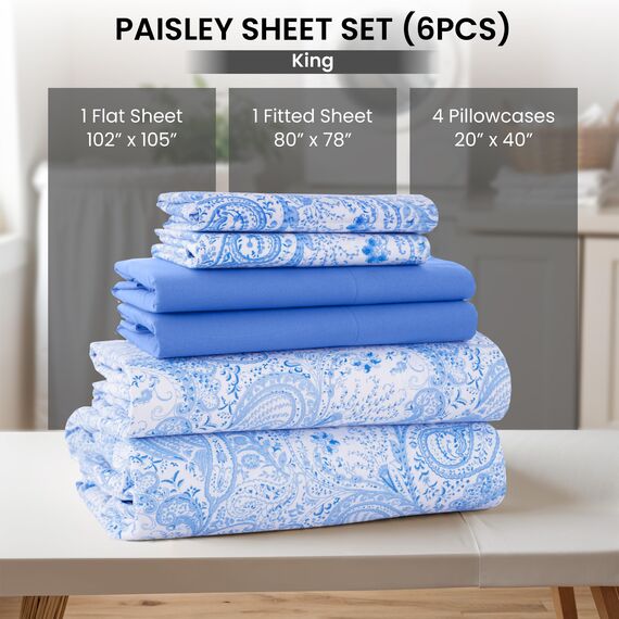 LUX Décor Paisley-King-Bettwäsche-Set, 6-teilig, ultraweiches Mikrofaser, Bettlaken mit 40,6 cm tiefem Spannbetttuch und 4 Kissenbezügen, atmungsaktiv, Schlafzimmer-Dekor, Oeko-TEX - Blau