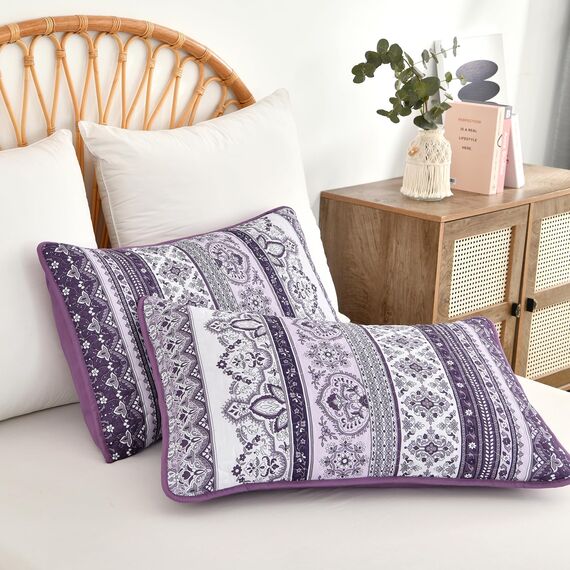 WONGS BEDDING Boho-Steppdecken-Set King-Size – Lila Boho 3-teiliges Steppdecken-Set mit Streifen, leichte Mikrofaser, für alle Jahreszeiten, Bettdecken-Set für King-Bett (King, 264 x 229 cm)