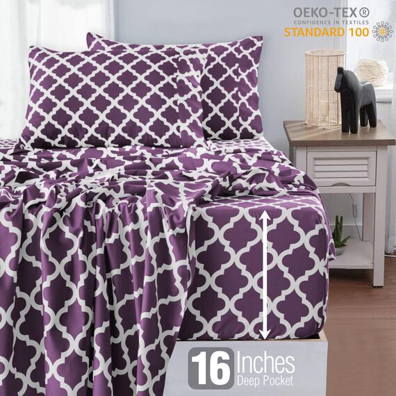 LUX Décor Bettwäsche-Set für King-Size-Betten, atmungsaktiv, Hotel-Stil, Mikrofaser, Tiefe Taschen, leicht anzubringen, weich und knitterfrei, Öko-Tex Vierpass-Bettlaken, 4-teilig (Kingsize, Violett)