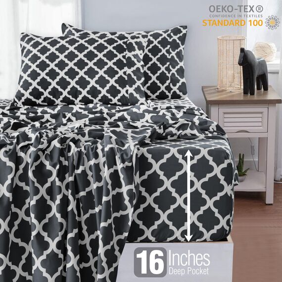LUX Décor Quatrefoil Bettwäsche-Set – 4-teiliges ultraweiches Mikrofaser-Bettlaken mit Bettlaken, 40,6 cm tiefem Spannbetttuch und Kissenbezügen, atmungsaktiv, Schlafzimmer-Dekor, Oeko-TEX - Schwarz