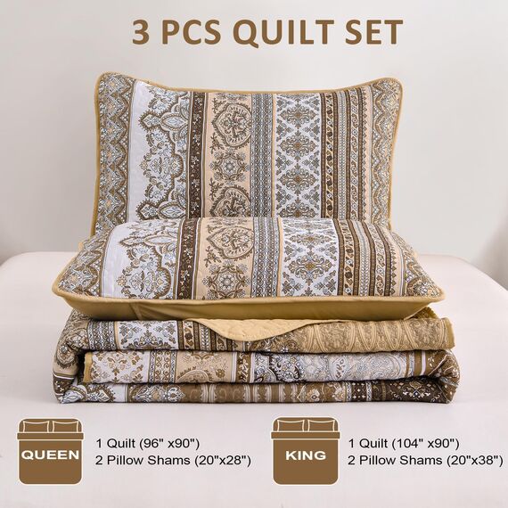 WONGS BEDDING Steppdecken-Set für Kingsize-Bett, Boho-Streifen, 3-teilig, Boho-Stil, leichte Mikrofaser, Ganzjahres-Bettwäsche-Set für Queensize-Bett (264,2 x 228,6 cm), Braun