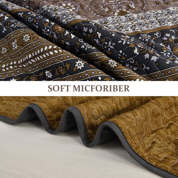 WONGS BEDDING Boho-King-Size-Steppdecken 3-teilig – Dunkelbraunes Bettdecken-Set mit Blumenmuster, weiche, leichte Boho-Tagesdecke mit gestreiftem Quilt für alle Jahreszeiten (King, 264 x 229 cm)