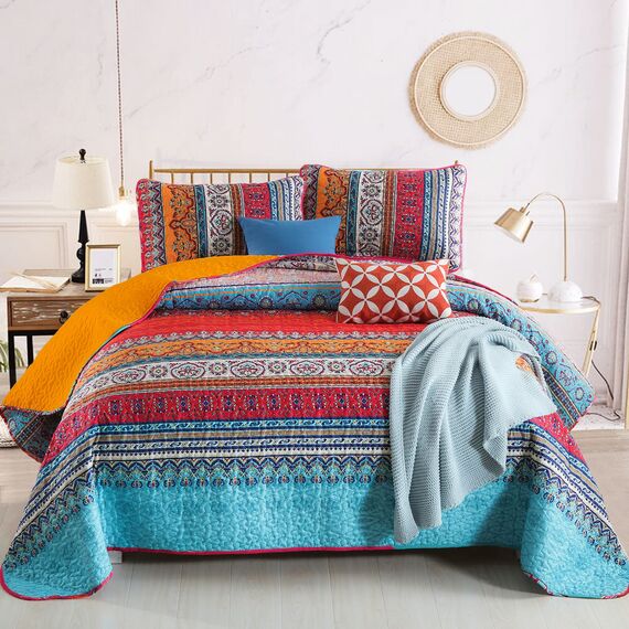 WONGS BEDDING Boho Queen-Bettwäsche-Set, Orange und Blau, Boho-Queen-Bettwäsche-Set, leichte Bettdekoration, Tagesdecke für alle Jahreszeiten, 243,8 x 228,6 cm, 3-teilig