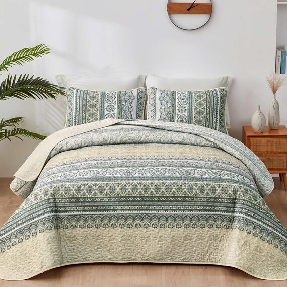 WONGS BEDDING Boho-Bettwäsche-Set, Queensize-Größe, Beige, 3-teilig, gestreift, Boho-Stil, weiche, leichte Mikrofaser, für alle Jahreszeiten (248 x 228 cm)