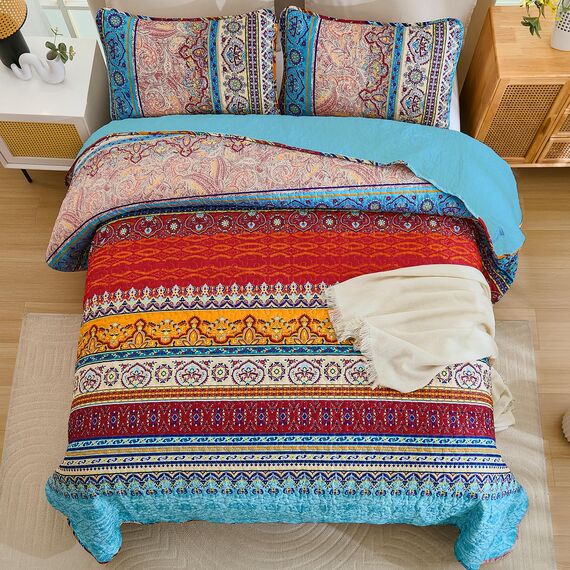 WONGS BEDDING Boho-Steppdecken-Set in voller Größe, blau, Bohemian-Stil, gestreift, 3-teilig, weiche Mikrofaser, leichte Tagesdecke, Bettüberwurf, Bettwäscheset für alle Jahreszeiten (198,1 x 228,6