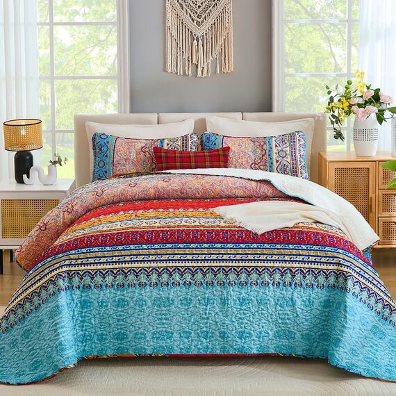 Böhmisches Bettwäsche-Set für Doppelbett, Boho-Streifen, bedrucktes Bettwäsche-Set, Decke mit Kissenbezügen, leichtes Mikrofaser-Tagesdecken-Set für alle Jahreszeiten (2-teilig, Doppelbettgröße)