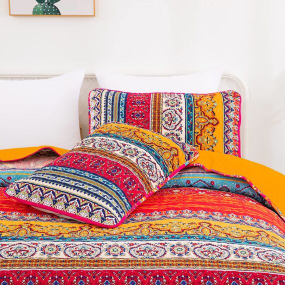 WONGS BEDDING Boho Queen-Bettwäsche-Set, Orange und Blau, Boho-Queen-Bettwäsche-Set, leichte Bettdekoration, Tagesdecke für alle Jahreszeiten, 243,8 x 228,6 cm, 3-teilig