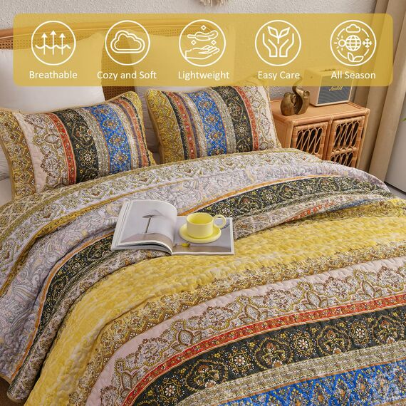 WONGS BEDDING Boho-King-Size-Steppdecken 3-teilig – Gelbes Bettdecken-Set mit Blumenmuster, weiche, leichte Boho-Gestreifte Steppdecke für alle Jahreszeiten (King, 264 x 229 cm)