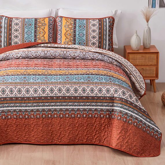 WONGS BEDDING Boho-Steppdecken-Set für Kingsize-Betten, gestreift, Boho-Stil, weiche leichte Mikrofaser, für alle Jahreszeiten, 261 x 228 cm, Orange-Rot, 3-teilig