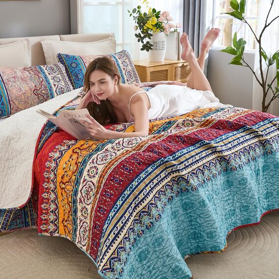 WONGS Bedding Boho-Bettwäsche-Set, Queensize-Größe, Boho-Streifenmuster, Tagesdecken-Set für alle Jahreszeiten, Mikrofaser, leicht, 243,8 x 228,6 cm, 3-teilig, bunt