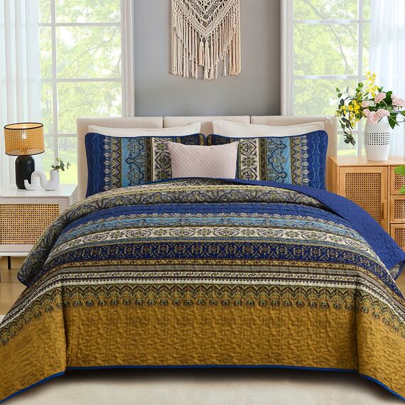 WONGS BEDDING Boho-King-Size-Steppdecken 3-teilig – Blau-Braunes Bettdecken-Set mit Blumenmuster, weiche, leichte Boho-Tagesdecke mit gestreiftem Quilt für alle Jahreszeiten (King, 264 x 229 cm)