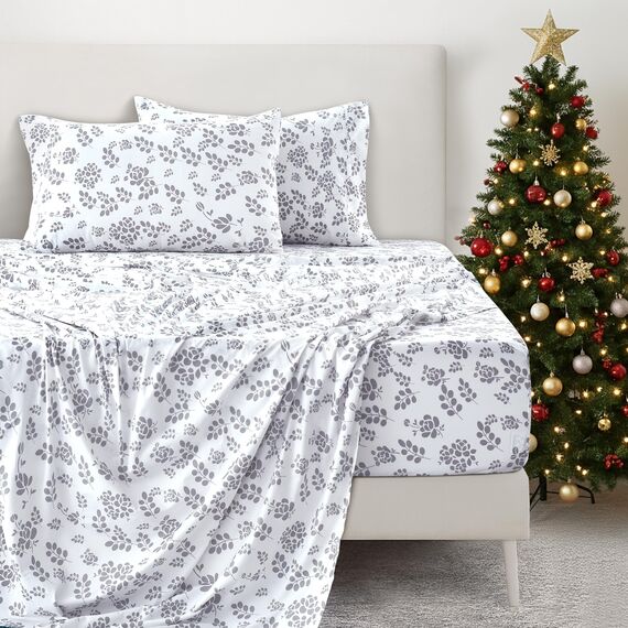 LUX Décor Floral King Bettlaken-Set, 4-teilig, weiche Mikrofaser, knitterfrei, luxuriös Bedruckte Bettlaken mit Bettlaken, Spannbetttuch mit tiefen Taschen und 2 Kissenbezügen, Weißgrau
