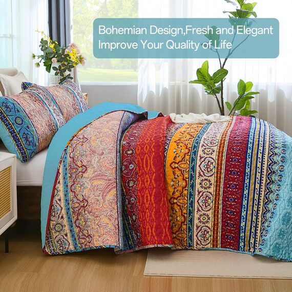 WONGS BEDDING Boho-Steppdecken-Set in voller Größe, blau, Bohemian-Stil, gestreift, 3-teilig, weiche Mikrofaser, leichte Tagesdecke, Bettüberwurf, Bettwäscheset für alle Jahreszeiten (198,1 x 228,6