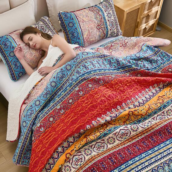 WONGS BEDDING Boho-Bettwäsche-Set, California Kingsize, Boho-Streifenmuster, Tagesdecken-Set für alle Jahreszeiten, weiche Mikrofaser, 269,2 x 243,8 cm, 3-teilig