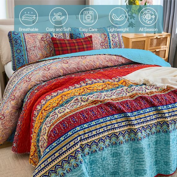 WONGS Bedding Böhmisches Bettwäsche-Set für Queensize-Betten, Boho-Streifenmuster, Bedruckte Bettdecke für alle Jahreszeiten, weiche Mikrofaser, Set 228.6x243.8 cm (3-teilig, Queensize-Bett)
