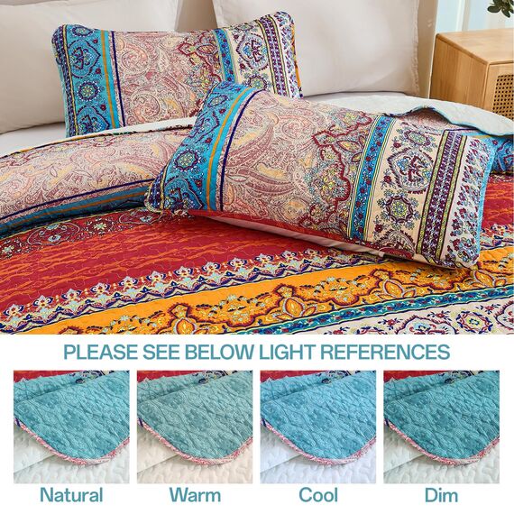 WONGS BEDDING Böhmisches Steppdecken-Set mit Boho-Streifenmuster, Bedruckte Steppdecke für alle Jahreszeiten, weiche Mikrofaser, Boho-Tagesdecken-Set, 198,1 x 228,6 cm, 3-teilig, voll