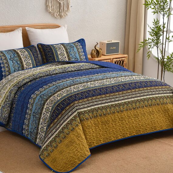 WONGS BEDDING Boho-Steppdecken-Set Queen-Size – Boho-Gestreiftes Bettdecken-Set mit 2 Kissenbezügen, Blau-braunes Steppdecken-Set für Bauernhaus-Schlafzimmer (Queen, 244 x 229 cm)