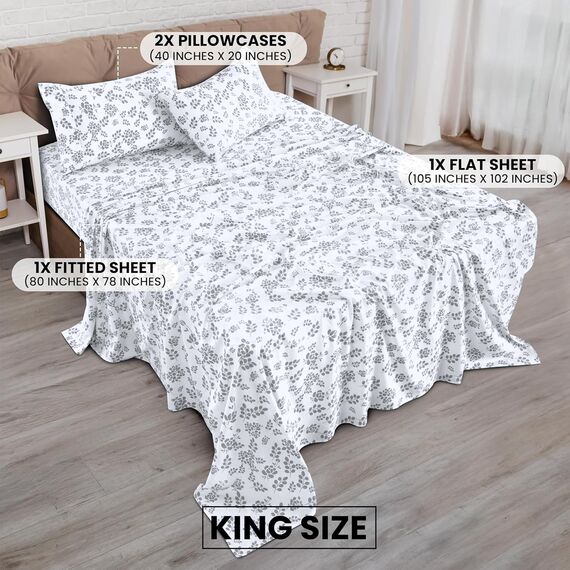 LUX Décor Floral King Bettlaken-Set, 4-teilig, weiche Mikrofaser, knitterfrei, luxuriös Bedruckte Bettlaken mit Bettlaken, Spannbetttuch mit tiefen Taschen und 2 Kissenbezügen, Weißgrau