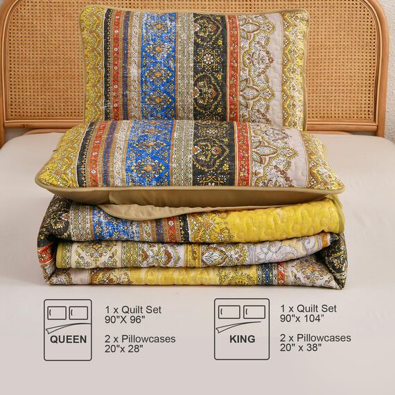 WONGS BEDDING Boho-King-Size-Steppdecken 3-teilig – Gelbes Bettdecken-Set mit Blumenmuster, weiche, leichte Boho-Gestreifte Steppdecke für alle Jahreszeiten (King, 264 x 229 cm)