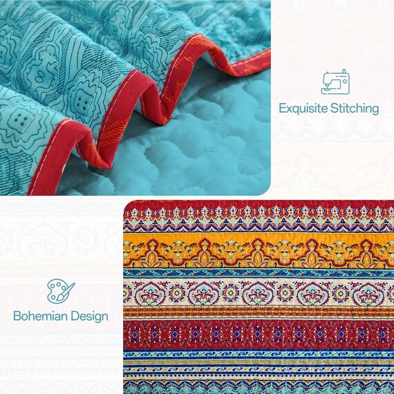 WONGS BEDDING Boho-Steppdecken-Set in voller Größe, blau, Bohemian-Stil, gestreift, 3-teilig, weiche Mikrofaser, leichte Tagesdecke, Bettüberwurf, Bettwäscheset für alle Jahreszeiten (198,1 x 228,6