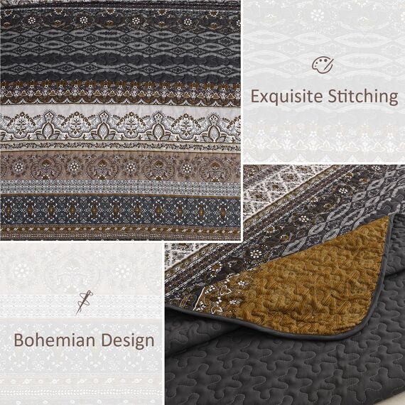WONGS BEDDING Boho-Steppdecken-Set Queen-Size – Boho-Gestreiftes Bettdecken-Set mit 2 Kissenbezügen, Dunkelbraunes Steppdecken-Set für Bauernhaus-Schlafzimmer (Queen, 244 x 229 cm)