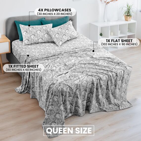 LUX Décor Paisley Queen-Bettwäsche-Set, 6-teilig, ultraweiches Mikrofaser, Bettlaken mit 40,6 cm tiefem Spannbetttuch und 4 Kissenbezügen, atmungsaktiv, Schlafzimmer-Dekor, Oeko-TEX - Grau