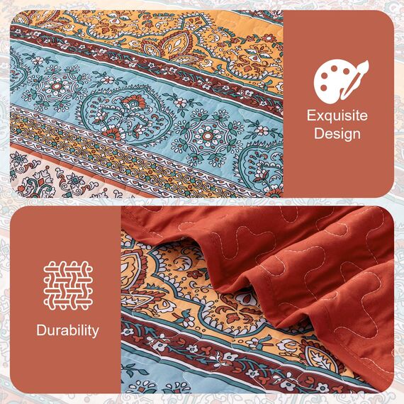 WONGS BEDDING Boho-Steppdecken-Set für Kingsize-Betten, gestreift, Boho-Stil, weiche leichte Mikrofaser, für alle Jahreszeiten, 261 x 228 cm, Orange-Rot, 3-teilig