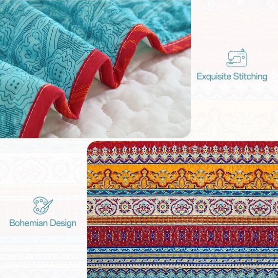 Böhmisches Bettwäsche-Set für Doppelbett, Boho-Streifen, bedrucktes Bettwäsche-Set, Decke mit Kissenbezügen, leichtes Mikrofaser-Tagesdecken-Set für alle Jahreszeiten (2-teilig, Doppelbettgröße)
