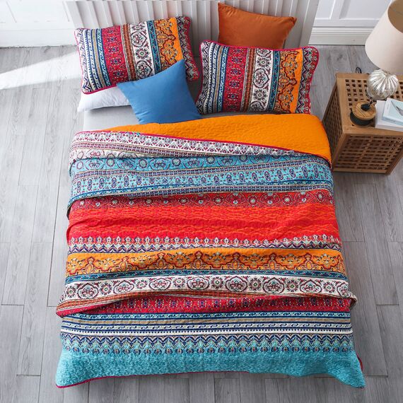 WONGS BEDDING Boho Queen-Bettwäsche-Set, Orange und Blau, Boho-Queen-Bettwäsche-Set, leichte Bettdekoration, Tagesdecke für alle Jahreszeiten, 243,8 x 228,6 cm, 3-teilig