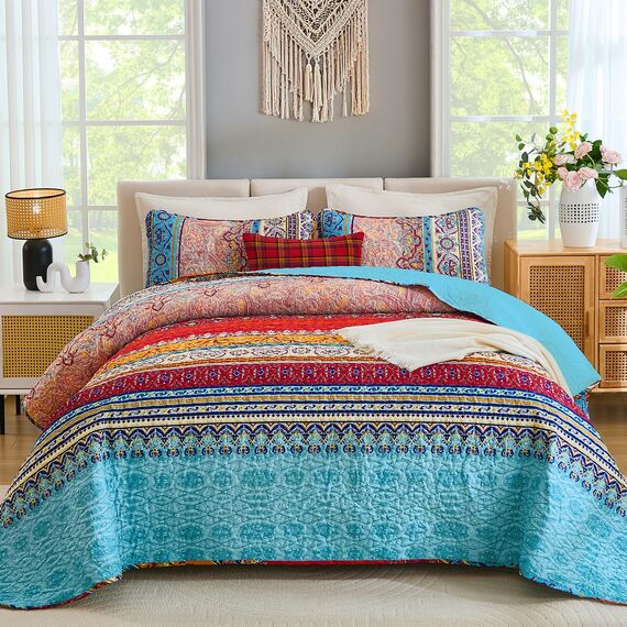 WONGS BEDDING Boho-Steppdecken-Set in voller Größe, blau, Bohemian-Stil, gestreift, 3-teilig, weiche Mikrofaser, leichte Tagesdecke, Bettüberwurf, Bettwäscheset für alle Jahreszeiten (198,1 x 228,6