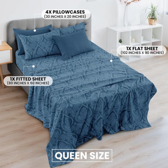 LUX Décor Paisleymuster Queen-Bettwäsche-Set, 6-teilig, weiche Mikrofaser, knitterfrei, luxuriös Bedruckt, inkl. Bettlaken, Spannbetttuch mit tiefen Taschen und 4 Kissenbezügen, Marineblau