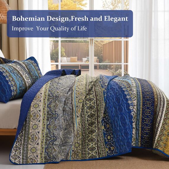 WONGS BEDDING Boho-King-Size-Steppdecken 3-teilig – Blau-Braunes Bettdecken-Set mit Blumenmuster, weiche, leichte Boho-Tagesdecke mit gestreiftem Quilt für alle Jahreszeiten (King, 264 x 229 cm)