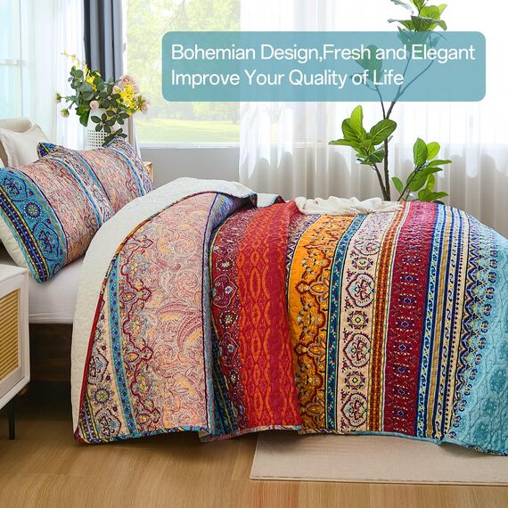 WONGS BEDDING Böhmisches Steppdecken-Set mit Boho-Streifenmuster, Bedruckte Steppdecke für alle Jahreszeiten, weiche Mikrofaser, Boho-Tagesdecken-Set, 198,1 x 228,6 cm, 3-teilig, voll