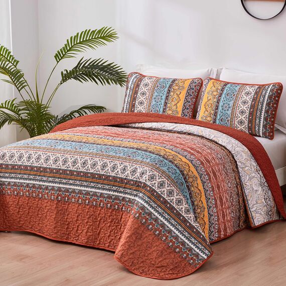 WONGS BEDDING Boho-Steppdecken-Set für Kingsize-Betten, gestreift, Boho-Stil, weiche leichte Mikrofaser, für alle Jahreszeiten, 261 x 228 cm, Orange-Rot, 3-teilig