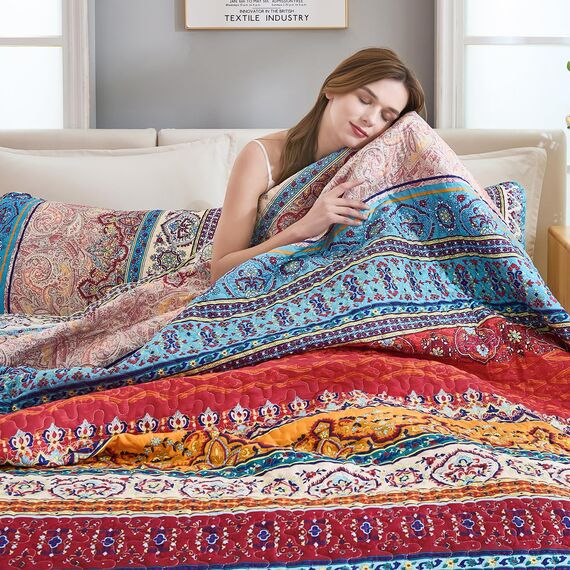 WONGS Bedding Boho-Bettwäsche-Set, Queensize-Größe, Boho-Streifenmuster, Tagesdecken-Set für alle Jahreszeiten, Mikrofaser, leicht, 243,8 x 228,6 cm, 3-teilig, bunt
